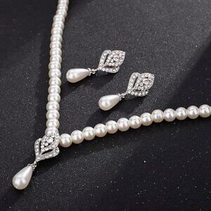 Women's Pearl Elegant Luxury Bridal Unique Necklace Earrings Jewelry Set